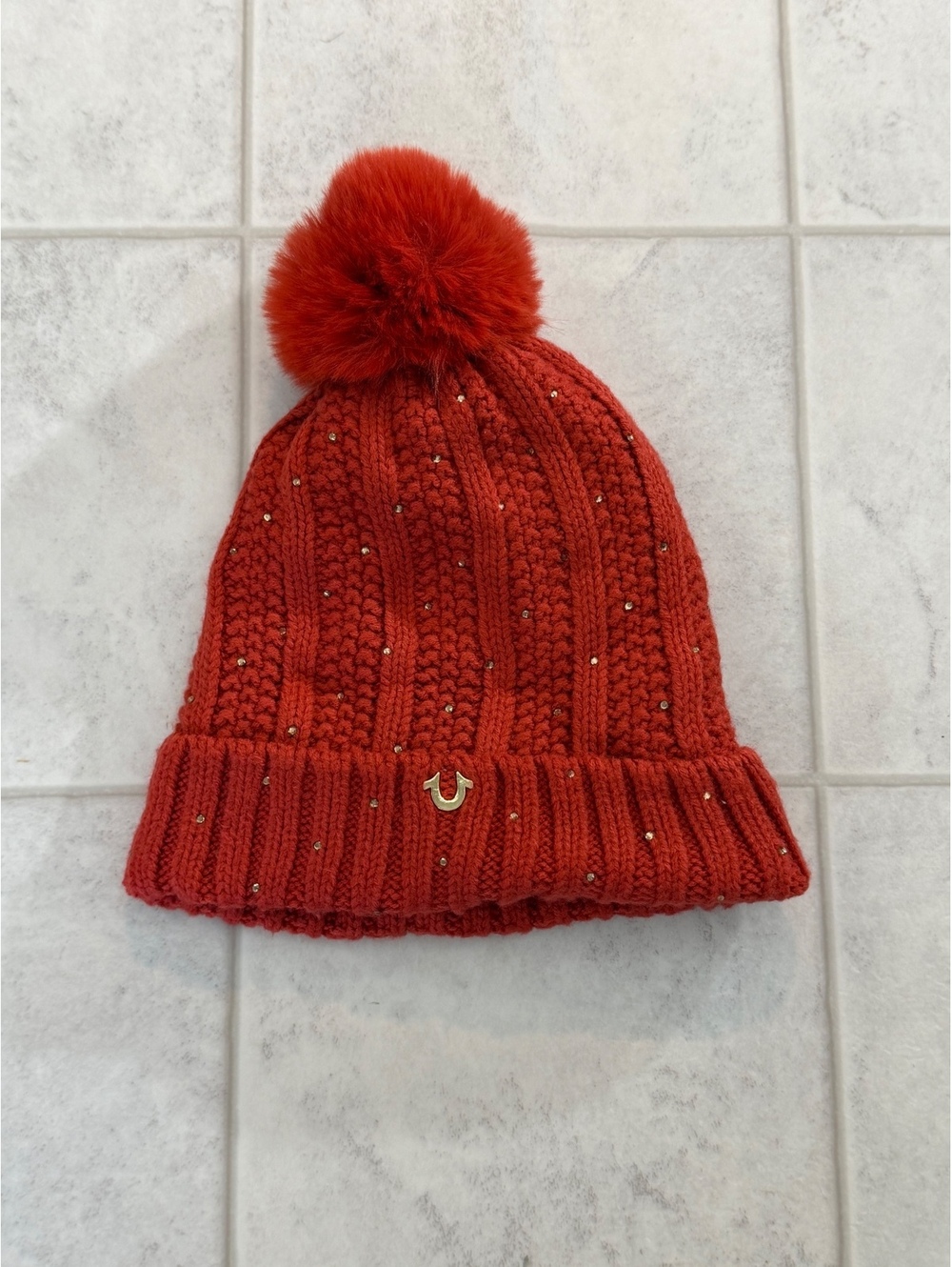 True Religion Red Pom Pom Knit Beanie Hat